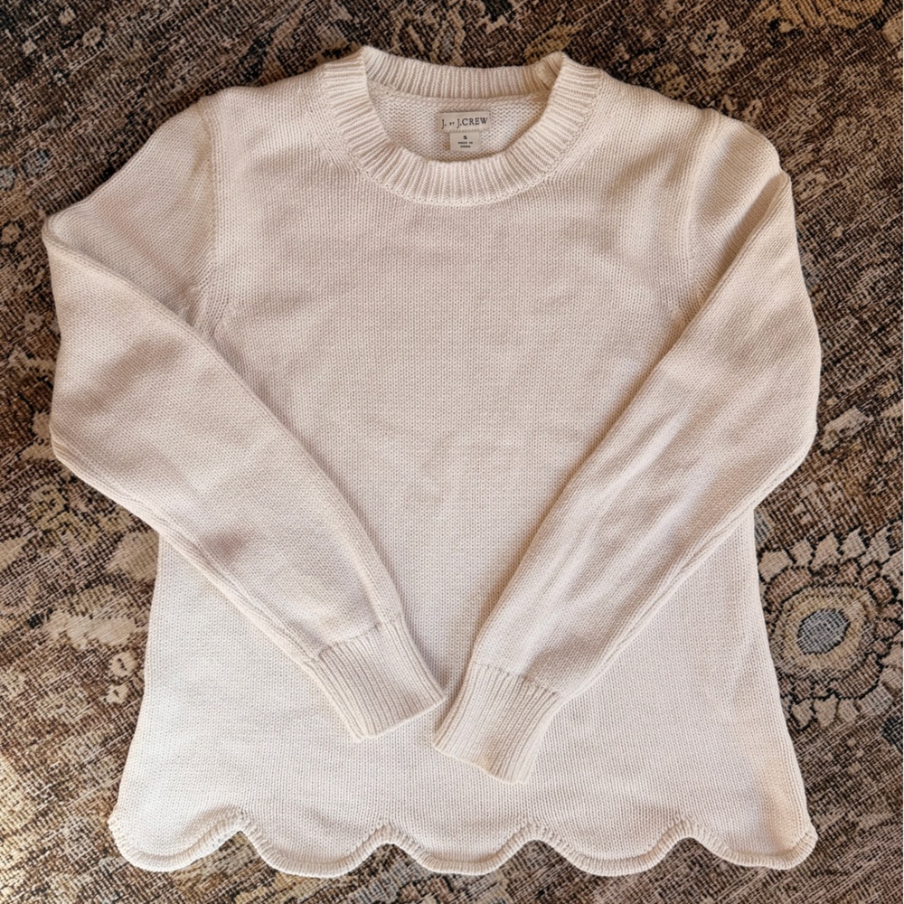 J. Crew Soft Cream Scalloped-Hem Crewneck Sweater
